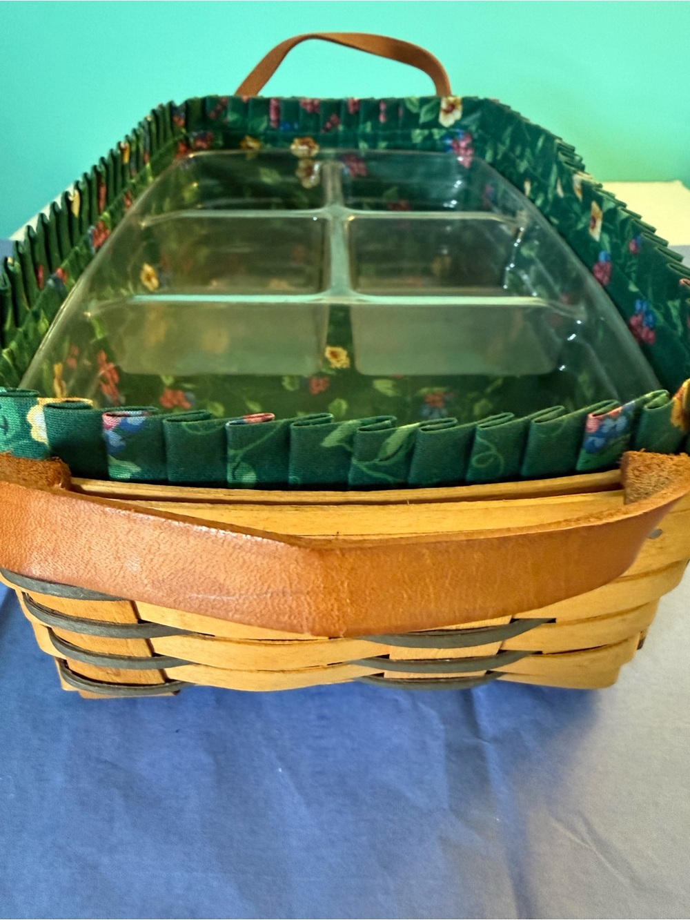 Longaberger Woven Wooden Basket with Dark Green Floral & Divided Plastic Liners